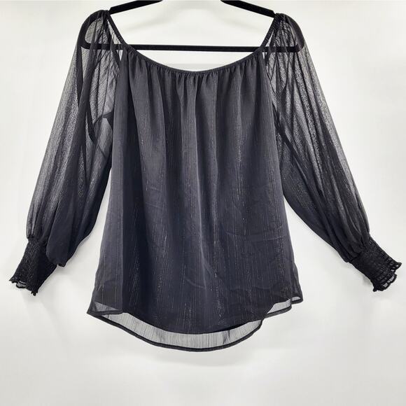 NWT WAYF Dede & Emily Black & Silver Sheer Off the Shoulder Top Women's Size M - Picture 2 of 9